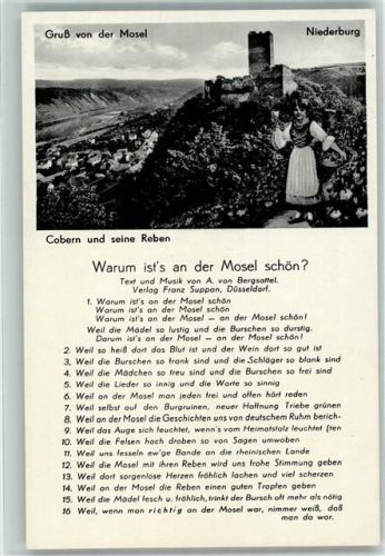 Kobern Gruß von der Mosel Niederburg Reben Frau Tracht Lied Text Warum ist´s an der Mosel schön?