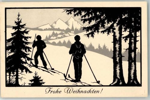 Weihnachten Silhouetten Scherenschnitt Skifahrer