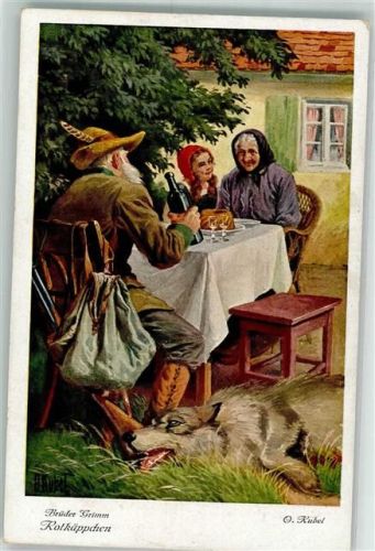 Rotkäppchen mit Großmutter dem Jäger und dem erlegten Wolf Gebrüder Grimm Farbenphotographische Gesellschaft Serie 128 Nr. 3735