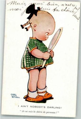 Kleines Mädchen weint bei seinem Anblick im Spiegel I ain't nobody's darling! Valentine's Postcards 950 Attwell, M. L. Künstlerkarte
