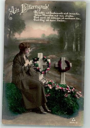 1927 Am Elterngrab Frau Kreuz Blumen