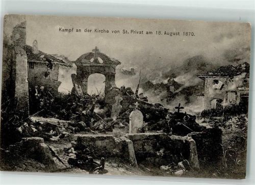 Saint-Privat-la-Montagne sign. Neuville de Alphonse Kampf a.d. Kirche Soldaten Schlacht bei Gravelotte 18.8.1870 Kriegsschauplatz Künstlerkarte