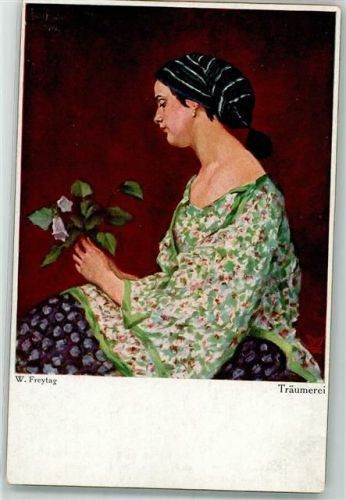 sign. Freytag Träumerei Junge Frau im geblümten Kleid No. 3156
