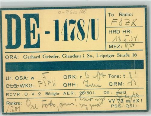 Glauchau QSL DE-1478/U Gerhard Geissler Leipziger Straße