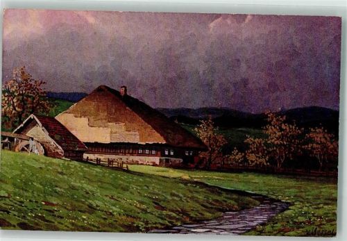 Eine einsame Wassermühle vor dem sich verdunkelndem Himmel Verlag Geschwister Moos Serie VI No. 14