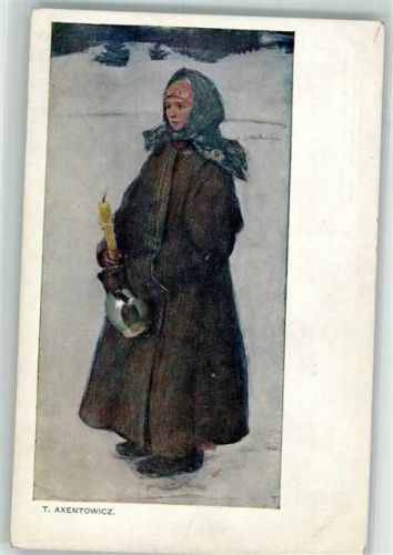1908 Junge Frau im dicken Wintermantel und Kopftuch mit Kerze und Krug in der Hand