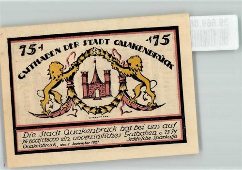 Quakenbrück 1921 75 Pf. Guthaben der Stadt Gasthaus Sattlermeister
