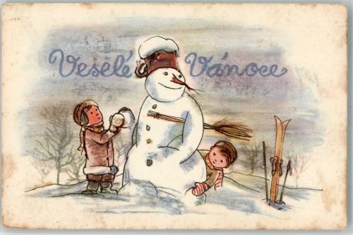 Neujahr Kinder Ski sign. Fisera A.M. Künstlerkarte