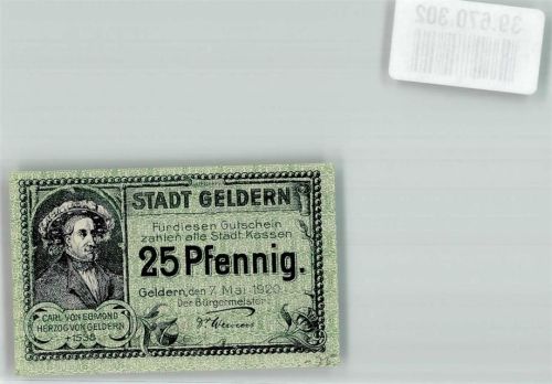 Geldern 25 Pfennig Gutschein Notgeld Carl von Egmond Herzog Wappen Löwe Blumen Türme