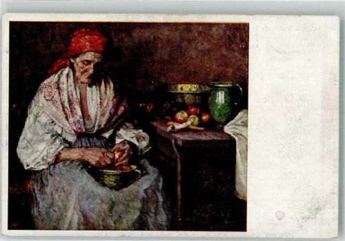 sign. Wagner, Aurelia Zum Strudel! Alte Frau schält Obst Kunstverlag Astikola Serie 1-115