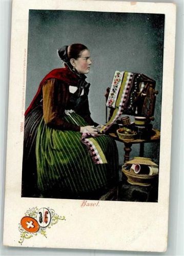 Basel Junge Frau in Tracht mit einem Stickrahmen