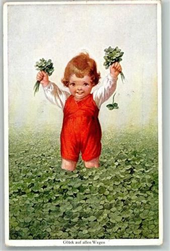 1930 Kleines Kind in einem Feld voller Glücksklee Künstlerkarte