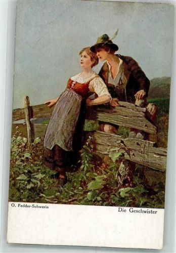 sign. Fedder-Schwerin Geschwisterkinder in Bayrischer Tracht am Zaun zum Gemüsegarten Verlag Wohlgemuth & Lissner No. 3024