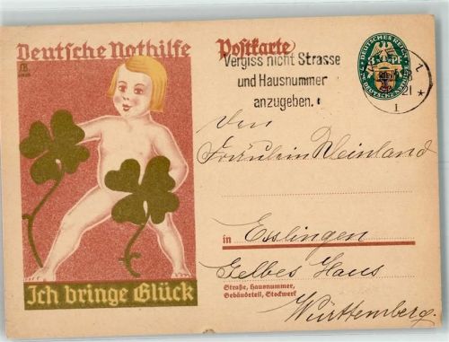 1928 Deutsche Nothilfe Kind mit Glücksklee Ich bringe Glück
