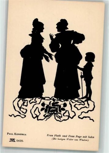 Schattenbild Frau Fluth und Frau Page mit Sohn aus Die lustigen Weiber von Windsor Verlag F.A. Ackermann Serie III 1420
