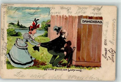 Nr. 1886 Litho Humor Ehe : Schild : Damenbad Guckloch im Zaun Voyeur