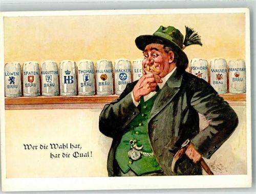 Mann in bayerischer Tracht hat die Auswahl bei diversen Biersorten Humor Verlag Emil Köhn 229