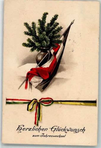 1916 Neujahr Ungarische und österreichische Banderole unter einer Schwarz-Weiß-Roten Fahne Feldpost WK I 101. inf. Div.
