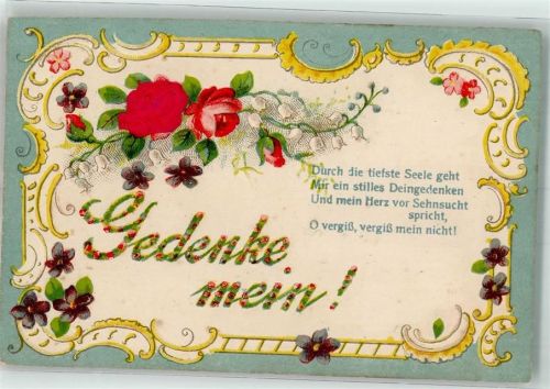 mit Echtstoffaplikation Jugendstil Rosen Veilchen Spruch Gedenke mein
