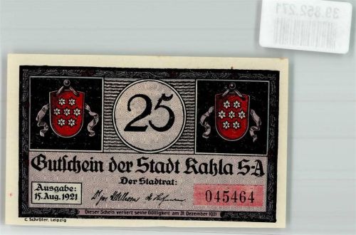 Kahla 1921 25 Pf. Gutschein Nr. 045464