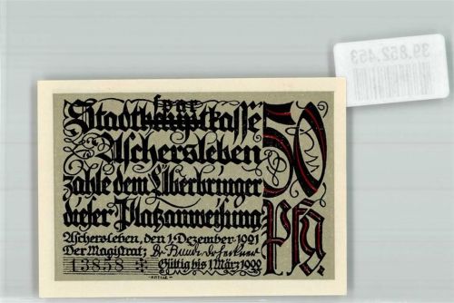 Aschersleben 1921 50 Pfg. Nr. 13858 Platzanweisung Stadtsparkasse