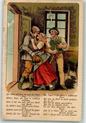 Mutter küsst zum Abschied ihren Sohn und Gedicht des Vaters an seinen Sohn