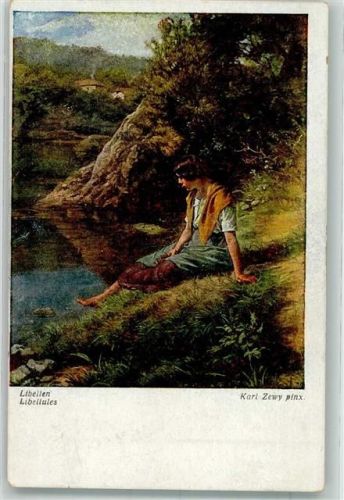 sign. Zewy, Karl Junge Frau sinniert an einem Wasserlauf Libellen Verlag Wiener Kunst B.K.W.I. Nr. 1182