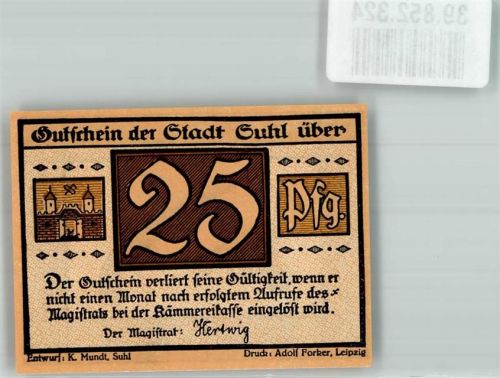 Suhl 25 Pfg. Gutschein Revolver u. Pistolen
