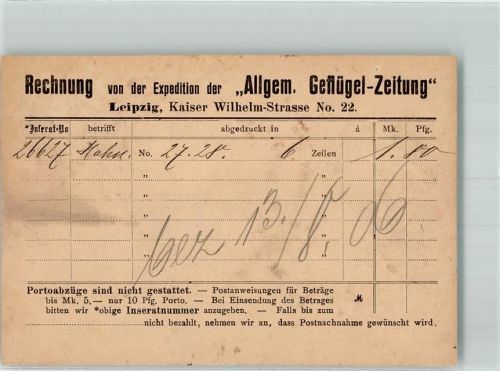 Leipzig 1906 Rechnung Expedition Allgemeine Geflügel Zeitung