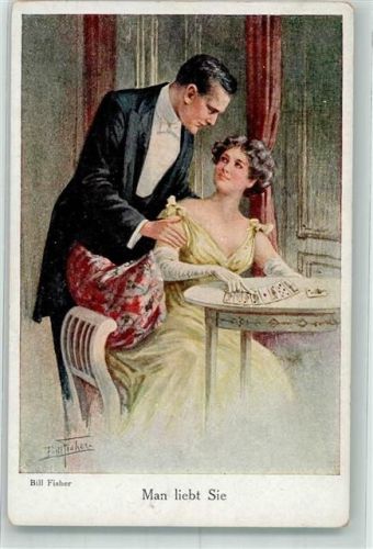 1918 Junger eleganter Mann beugt sich über seine am Tisch sitzende Frau Galerie Münchner Meister Nr. 438