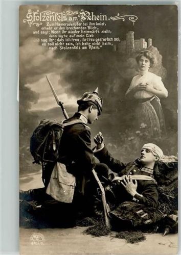 Stolzenfels 1912 Sterbender Landser bittet Kameraden um einen Besuch bei seiner Liebsten Uniform Kaiserreich Fotostudioaufnahme R & K.L. 4767/6