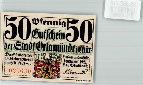 Orlamünde 1921 50 Pfennig Gutschein No. 020630