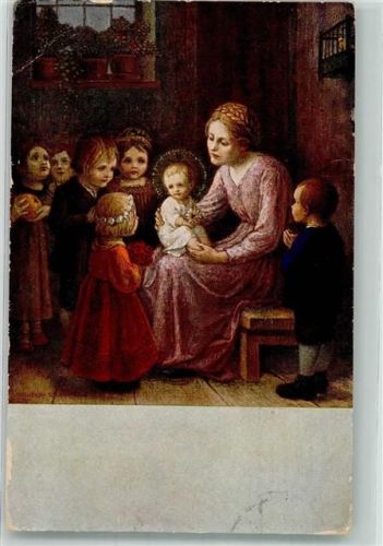 1917 sign. Huber Kinder umringen das Christkind auf dem Schoss der Mutter Künstlerkarte Feldpost WK I Würzburg Maschinenstempel