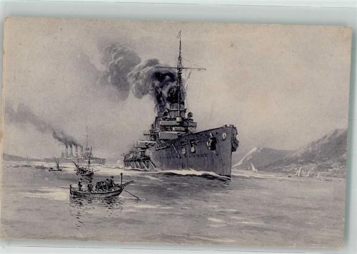 Messina 1915 Panzerkreuzer Göben und Breslau laufen aus Marine WK I Wohlfahrtskarte zur Unterstützung deutscher Veternanen Künstlerkarte