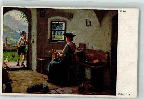 1919 sign. Rau Junge Frau in Tracht auf der Almhütte Dackel Galerie Münchner Meister Nr. 447