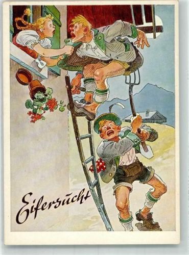 Bayer sticht seinem Nebenbuhler mit der Mistgabel in den Hosenboden Verlag Lengauer Nr. 3074 Hüttenstempel Mathäser Bierstadt