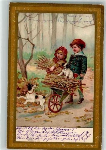 Meisterbilder Serie I Kinder sammeln Reisig im Wald , Schubkarre + Hund Winkler & Schorn 1900 Prägedruck