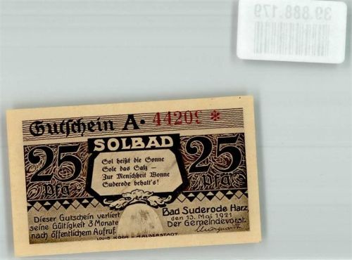 Bad Suderode 1921 25 Pfennig Gutschein Solbad A 44209
