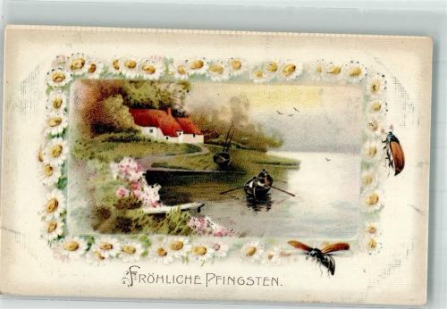 1913 Pfingsten Passepartout Bordüre mit Blumen , Ruderboot