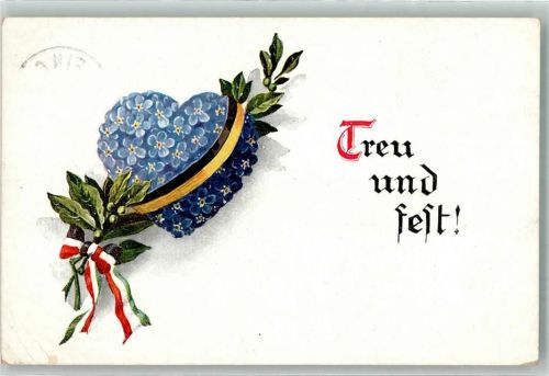 1916 Herz aus Vergissmeinnicht Lorbeer Schwarz-Weiß-Rote und Schwarz-Gelbe Schleife Treu und Fest! Feldpost WK I Dingolfing