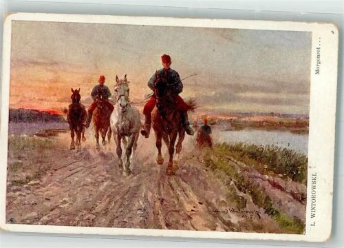 1915 sign. Wintorowski Kavalleristen der KuK-Armee bei einem Ritt im Morgenrot WK I W.R.B. & Co. Nr. 229