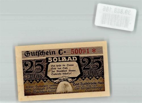 Bad Suderode 1921 25 Pfennig Gutschein Solbad C 50091