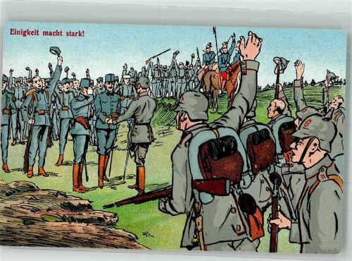Deutsche und österreichische Truppen in Uniform begrüßen sich auf dem Schlachtfeld CGL 321 WK I