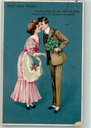 1914 Prägedruck Junger Mann mit seiner Liebsten Poesie Mode