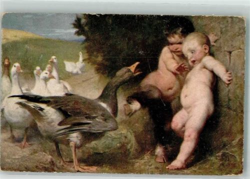 sign. Benczur Aufgebrachte Gänse attackieren einen Faun Rotophot Ungarische Kunst Nr. 776