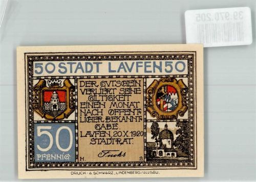 Laufen 1920 50 Pfennig Stiftskirche Wappen Bayern