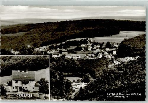 Treisberg mit Cafe Pension Sachs und dem Weiltal