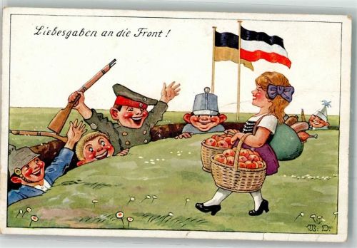 Deutsche und Österreichische Soldaten freuen sich über eine junge Frau mit Liebesgaben ASM Serie 675 Künstlerkarte WK I