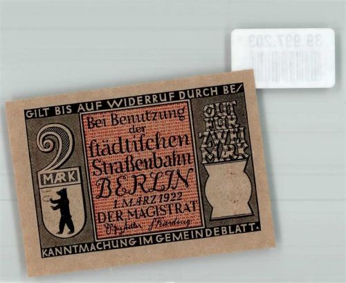 Berlin, unsortiert 2 Mark f. städt. Straßenbahn 1922 Pferdeeisenbahn 1865-1902 Nr. 002632