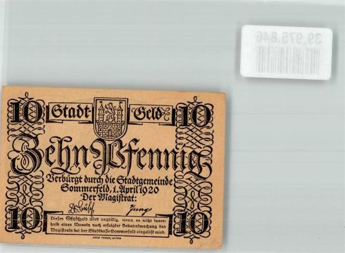 Sommerfeld 1920 Stadtgeld über 10 Pfennig Rathaus und Kirche